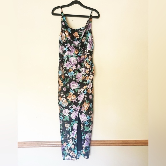 Lulu’s Cute Pursuit Black Floral Satin Cowl Neck Tulip Midi Dress - Picture 3 of 14